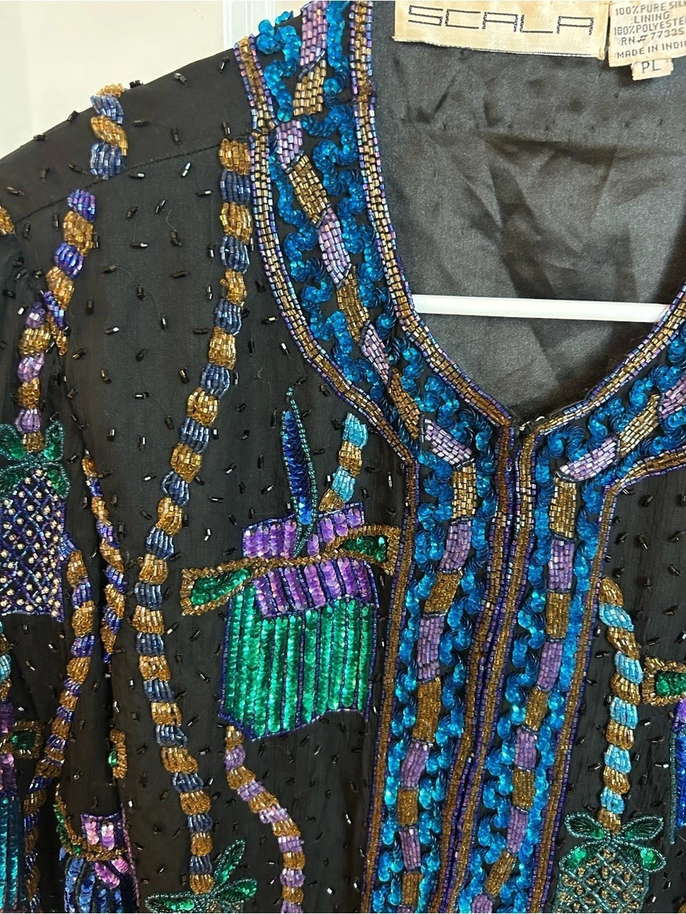 Vintage Scala Beaded Silk Jacket Black Multicolor Embellished Evening Blazer - Picture 4 of 7